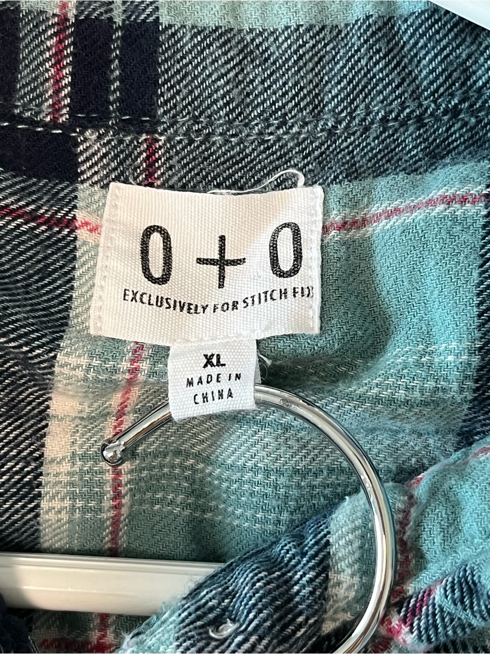 O+O Aqua and Navy Flannel Plaid Button-Down Shirt Size XL - Picture 4 of 9